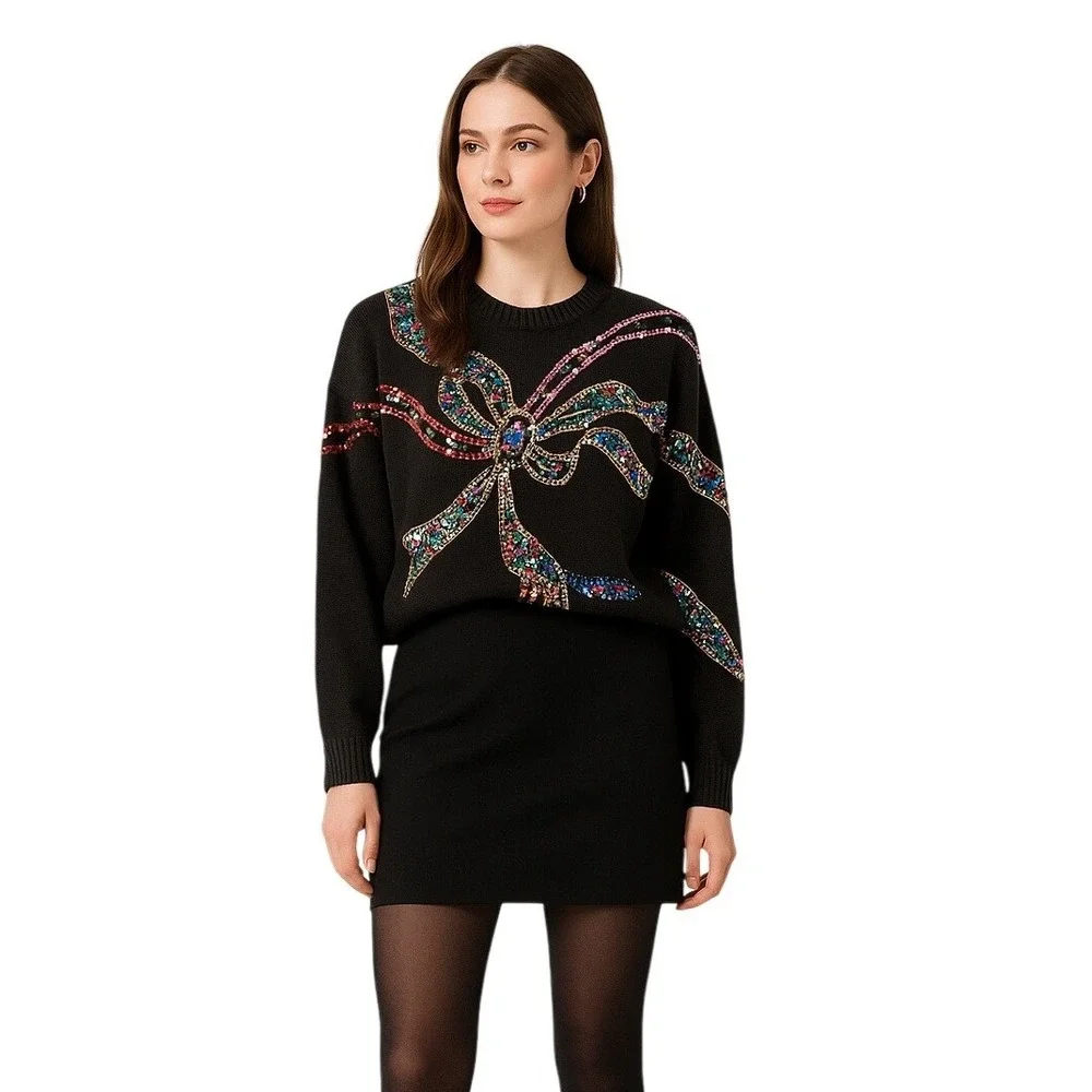 CHRISTINE GERARD 80s Glam Sequin Bow Jewel Sweater Holiday Party in‎ Black M